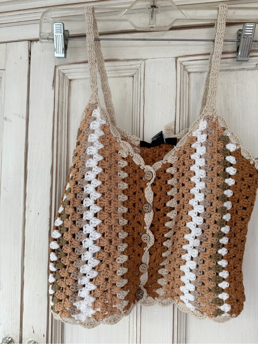 Bohemian Chic Forever 21 Crochet Button-Front Camisole in White, Tan & Brown